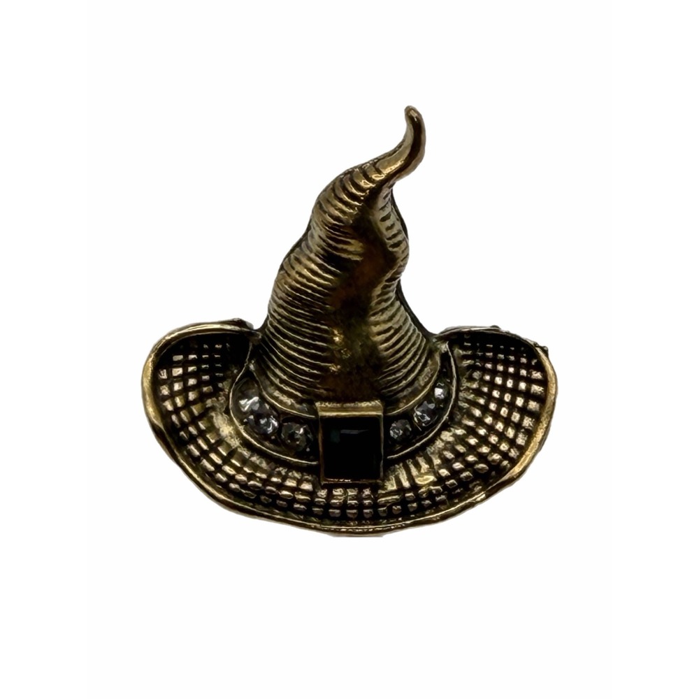 Vintage Bronze Witch Hat Brooch Pin Rhinestone Crystal Halloween Magic Jewelry